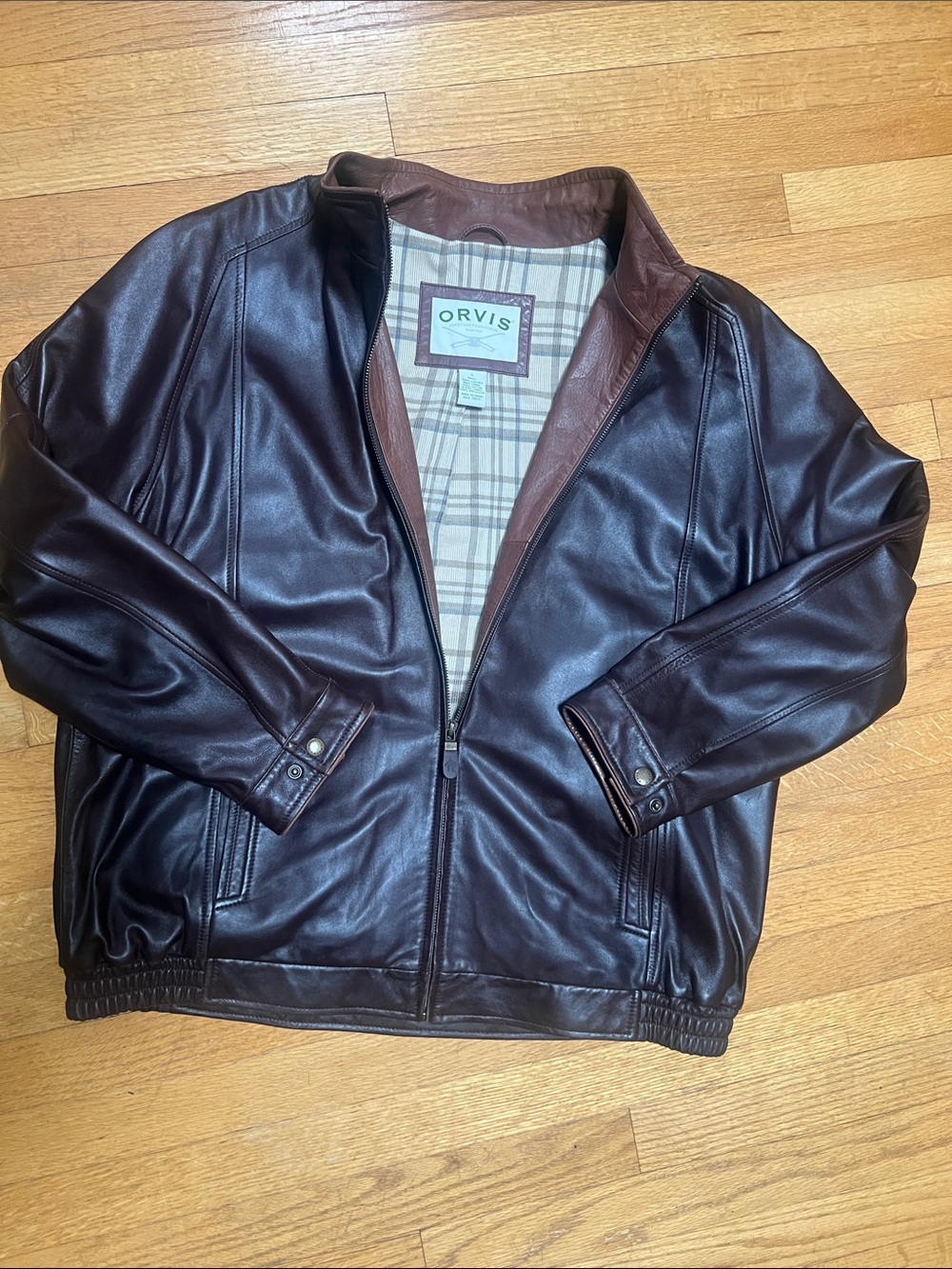 Orvis Dark Brown Leather Bomber Jacket with Plaid Lining